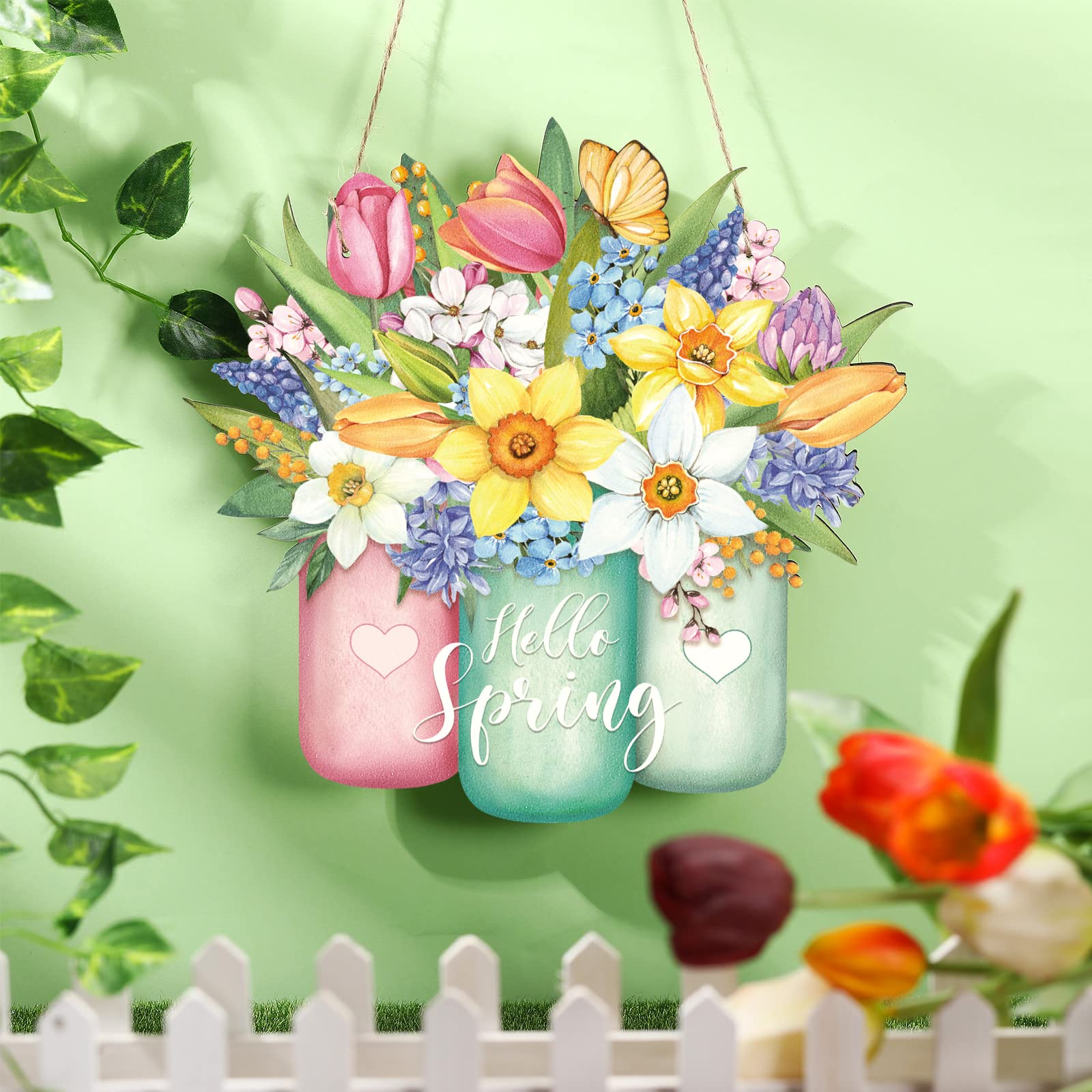 Spring Flower Door Sign Spring Door Decor Hello Spring Sign Welcome Sign for Front Door Colorful Wooden Spring Hanging Decorations for Home Indoor Outdoor Farmhouse Porch Decor (Jar)