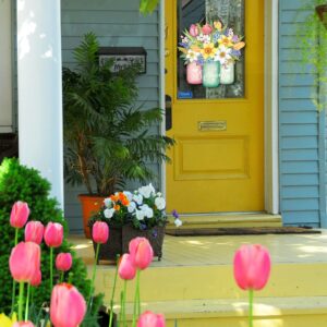 Spring Flower Door Sign Spring Door Decor Hello Spring Sign Welcome Sign for Front Door Colorful Wooden Spring Hanging Decorations for Home Indoor Outdoor Farmhouse Porch Decor (Jar)