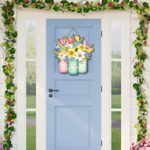 Spring Flower Door Sign Spring Door Decor Hello Spring Sign Welcome Sign for Front Door Colorful Wooden Spring Hanging Decorations for Home Indoor Outdoor Farmhouse Porch Decor (Jar)