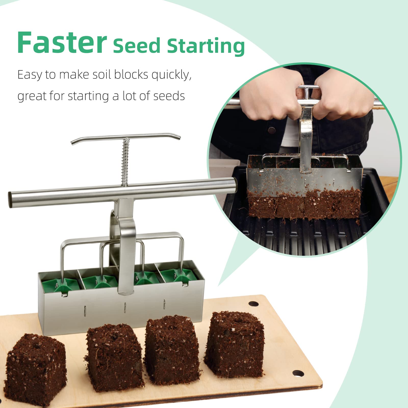 Soil Blocker with Comfortable Handle, 4 Cell Soil Block Maker 2 Inch Mold Blocking Tool for Seed Starting Germination, Grow Seedling No Transplant Shock