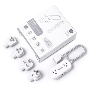 addtam universal travel adapter, power strip with international plug adapter, 2 ac outlet and 2 usb ports(1 usb-c pd 20w), essentials for us eu uk au white