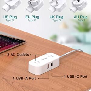 Addtam Universal Travel Adapter, Power Strip with International Plug Adapter, 2 AC Outlet and 2 USB Ports(1 USB-C PD 20W), Essentials for US EU UK AU White