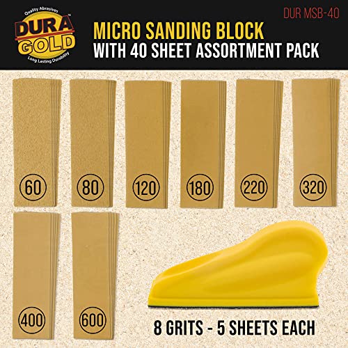 Dura-Gold Micro Hand Sanding Block Kit, 3.5” x 1” Pad, Hook & Loop Backing, 40 Sandpaper Sheets, 5 Each 60, 80, 120, 180, 220, 320, 400, 600 Grit - Wood Woodworking, Small Detail Finishing Sander