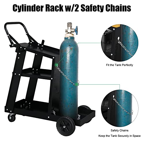 3 Tiers Rolling Welding Cart with Wheels,Rolling Welder Plasma Cutter,Heavy Duty Welding Carts with Wheels and Tank Storage for TIG MIG ARC, Black