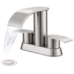 ultimate unicorn waterfall bathroom sink faucet brushed nickel, two handles bathroom faucet with metal pop up sink drain stopper, two or 3 holes bathroom basin lavatory mixer tap with deck mount plate