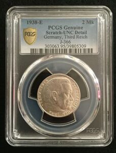 1938 e rare old wwii german war silver coin 1938-e germany 2 mark pcgs unc details 2pf pcgs fair