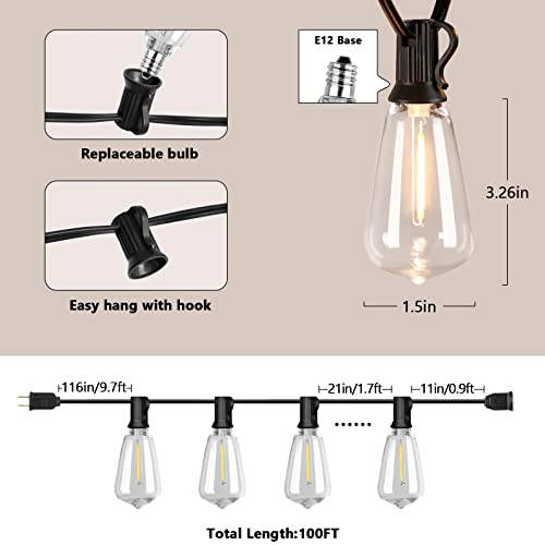 Sucolite 100FT Outdoor String Lights for Patio Waterproof Connectable ST38 LED Light String with 50+2 Vintage Edison Bulbs Dimmable Shatterproof Outside Hanging Lights Backyard Balcony Gazebo Bistro