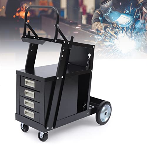 Portable 4 Drawer Welder Cart,Multi Function MIG TIG ARC Welding Plasma Cutter Tank Storage w/2 Safety Chains for MIG Welders and Plasma Cutters, 100 Lb Capacity, Black