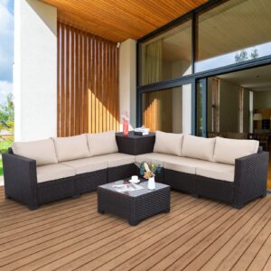 waroom patio pe wicker furniture set 6 piece outdoor brown rattan sectional loveseat couch conversation sofa chair with storage box and glass top coffee table, non-slip khaki cushion