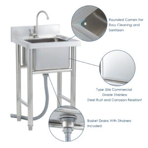 Stainless Steel Commercial Kitchen Sink Single Bowl 1 Compartment with Faucet Free Standing Utility Sink for Restaurant Kitchen Laundry Garage Indoor Outdoor (23.6"W x 23.6"D x 31.5"H)