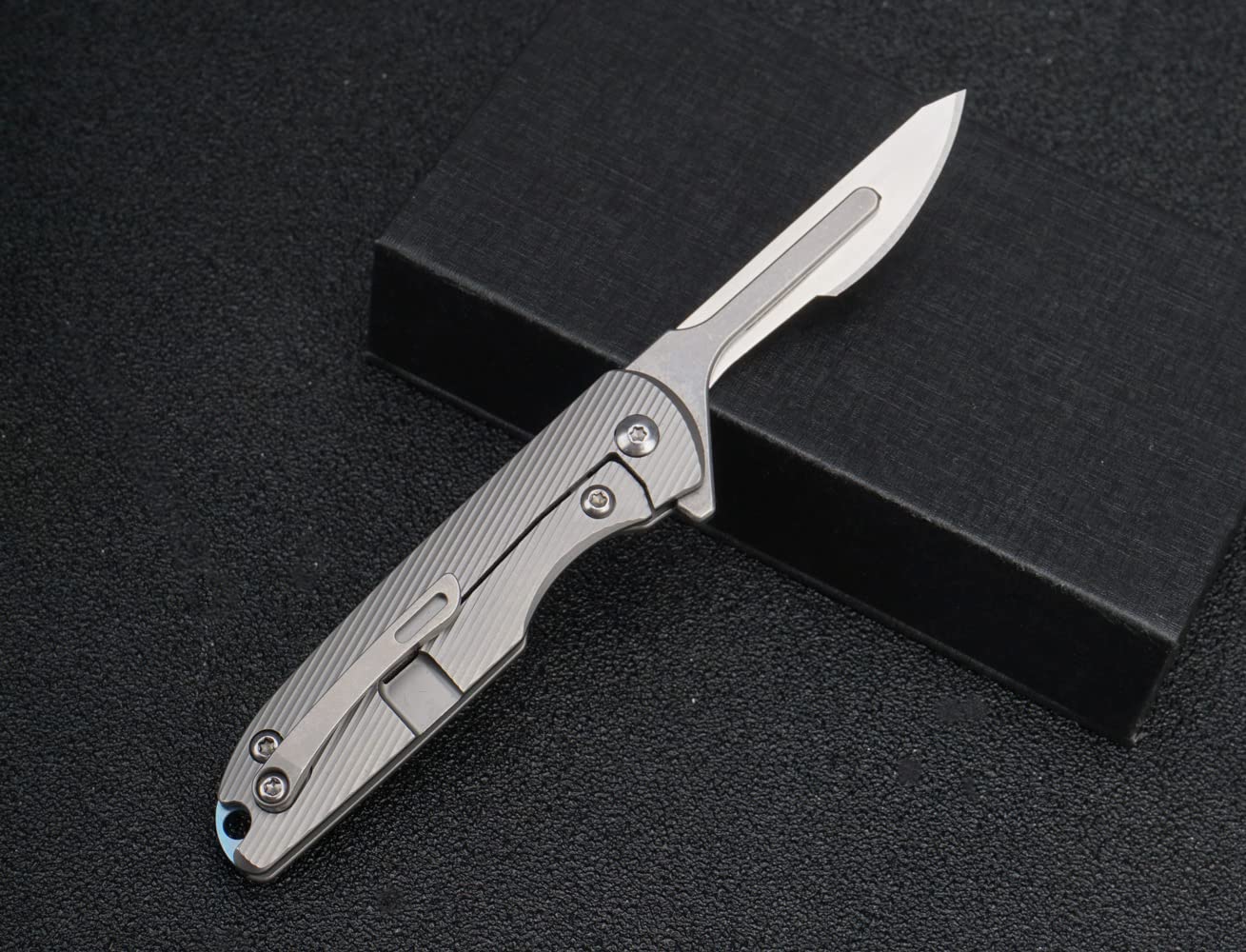 TENCHILON Ti28 Premium Mini Flipper Scalpel Folding Pocket Knife with 10pcs #24 Replaceable Blade, Textured 6AL4V Titanium Handle with Frame Lock Utility EDC Knives,