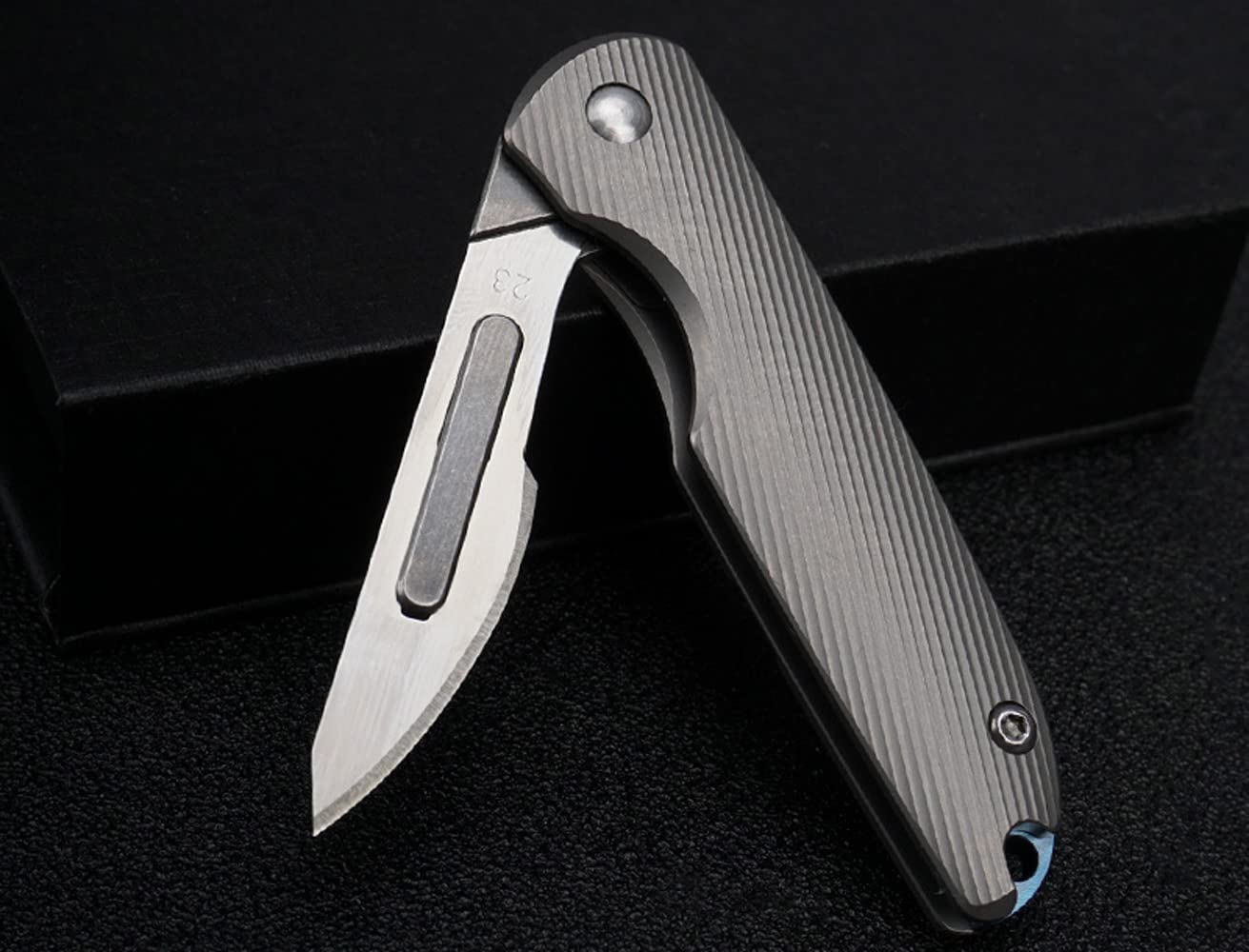 TENCHILON Ti28 Premium Mini Flipper Scalpel Folding Pocket Knife with 10pcs #24 Replaceable Blade, Textured 6AL4V Titanium Handle with Frame Lock Utility EDC Knives,