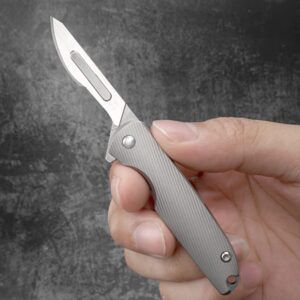 TENCHILON Ti28 Premium Mini Flipper Scalpel Folding Pocket Knife with 10pcs #24 Replaceable Blade, Textured 6AL4V Titanium Handle with Frame Lock Utility EDC Knives,