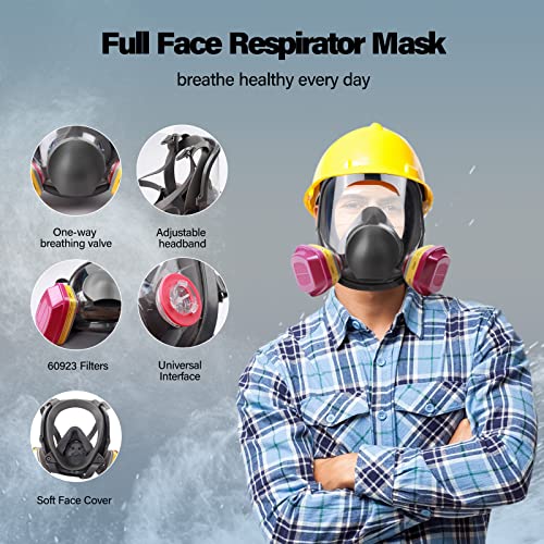 Evkocu Full Face Respirator Mask with 60923 Filter, Reusable Gas Cover Organic Vapor Mask, Paint Mask for Painting Spray, Dust, Epoxy Resin, Construction Work, Welding, Sanding, Woodworking, Chemical