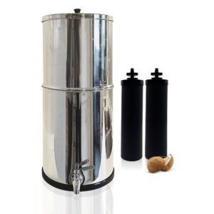 shurex 2.25 gal stainless-steel tank gravity-fed water filter system with 2 black elements filters and stainless-steel spigot, countertop filtration system for home, camping, rv, fishing