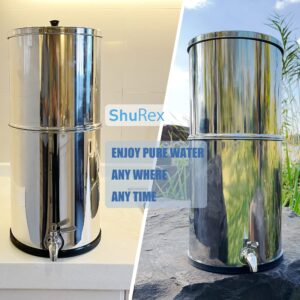 Shurex 2.25 Gal Stainless-Steel Tank Gravity-fed Water Filter System with 2 Black Elements Filters and Stainless-Steel Spigot, Countertop Filtration System for Home, Camping, RV, Fishing