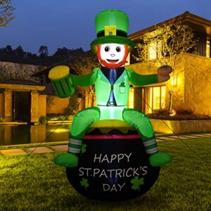 6ft st. patrick's day inflatables blow up outdoor decorations leprechaun on pot of gold with beer and clover yard decoration built-in led and fan