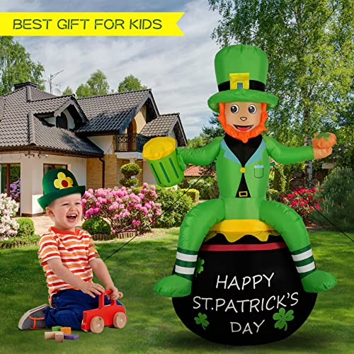 6ft St. Patrick's Day Inflatables Blow Up Outdoor Decorations Leprechaun on Pot of Gold with Beer and Clover Yard Decoration Built-in Led and Fan