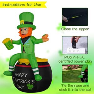 6ft St. Patrick's Day Inflatables Blow Up Outdoor Decorations Leprechaun on Pot of Gold with Beer and Clover Yard Decoration Built-in Led and Fan