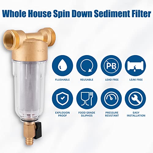 Filterelated Reusable Whole House Spin Down Sediment Water Filter,50 Micron Flushable Prefilter Filtration, 1" MNPT + 3/4" FNPT + 3/4"MNPT, Lead-Free Brass,BPA Free