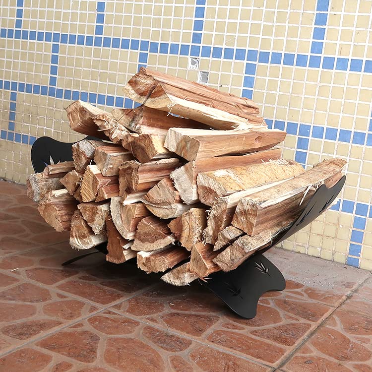 BiggerFire Firewood Rack Carbon Steel Log Holder for Outdoor Indoor Metal Fireplace Small Wood Pile Storage Hollow Maple Leaf Pattern Black