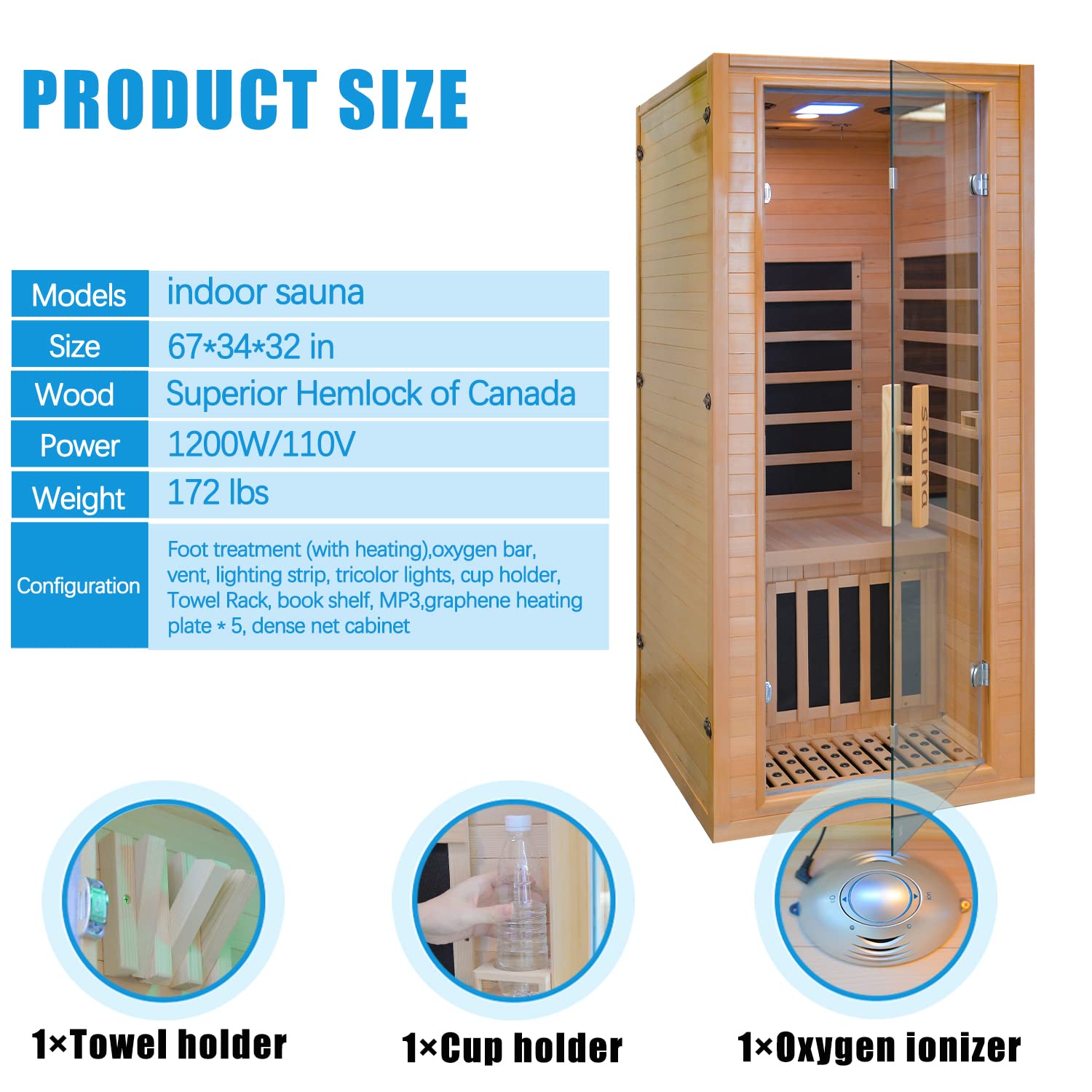 Low EMF Infrared Home Sauna，Personal Outdoor Indoor Heaters Saunas Wood Tiny Dry Barrel Snfared at Home Sauna Room Allwood for Men Women，Bluetooth ，LCD Display-Control，Canadian Hemlock