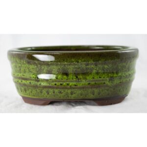 1 Pcs Oval Glazed Succulent, Bonsai Pot With Mesh & Wire 6"x 4.5"x 2.5" - Moss Green