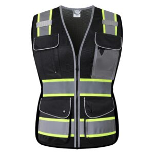 hataunki high visibility reflection black mesh safety vests with 9 pockets and front zipper, hi vis safety vest for women, meets ansi/isea standards(black-16,x-large)