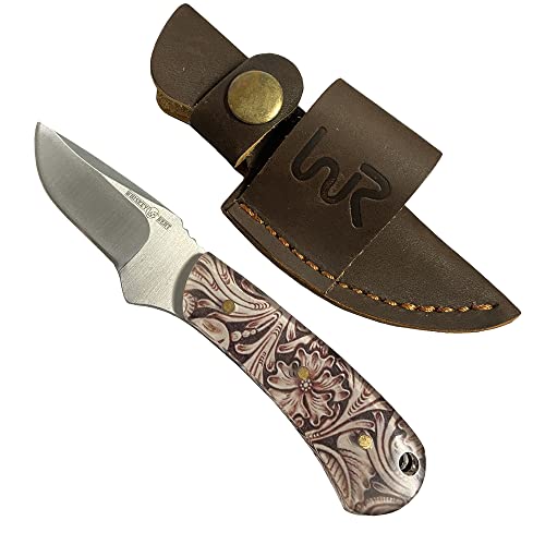 WHISKEY BENT HAT CO. Mini Skinner 440 Steel Fixed Blade Knife w/Leather Sheath (Tooled Leather)