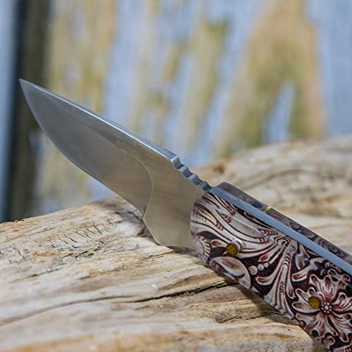 WHISKEY BENT HAT CO. Mini Skinner 440 Steel Fixed Blade Knife w/Leather Sheath (Tooled Leather)