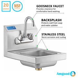 AmGood Stainless Steel Wall Mount Hand Sink 12" x 16" | NSF Commercial Hand Washing Basin with Faucet For Restaurant, Kitchen and Home | Bowl Size: 9" x 9"