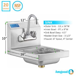 AmGood Stainless Steel Wall Mount Hand Sink 12" x 16" | NSF Commercial Hand Washing Basin with Faucet For Restaurant, Kitchen and Home | Bowl Size: 9" x 9"