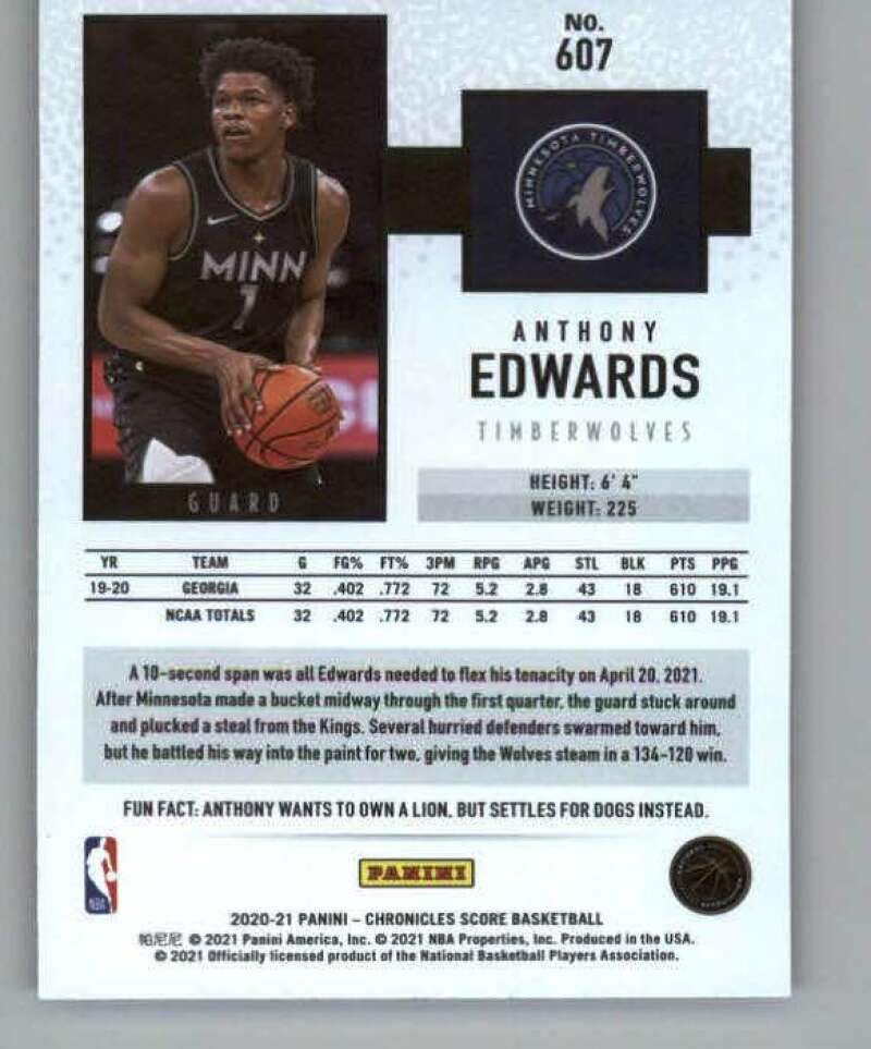 2020-21 Panini Chronicles #607 Anthony Edwards RC Rookie Minnesota Timberwolves NBA Basketball Trading Card