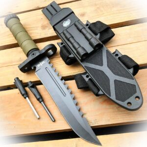 new 12.5" military hunting fixed blade survival knife w fire starter + sheath camping outdoor pro tactical elite knife blda-0790