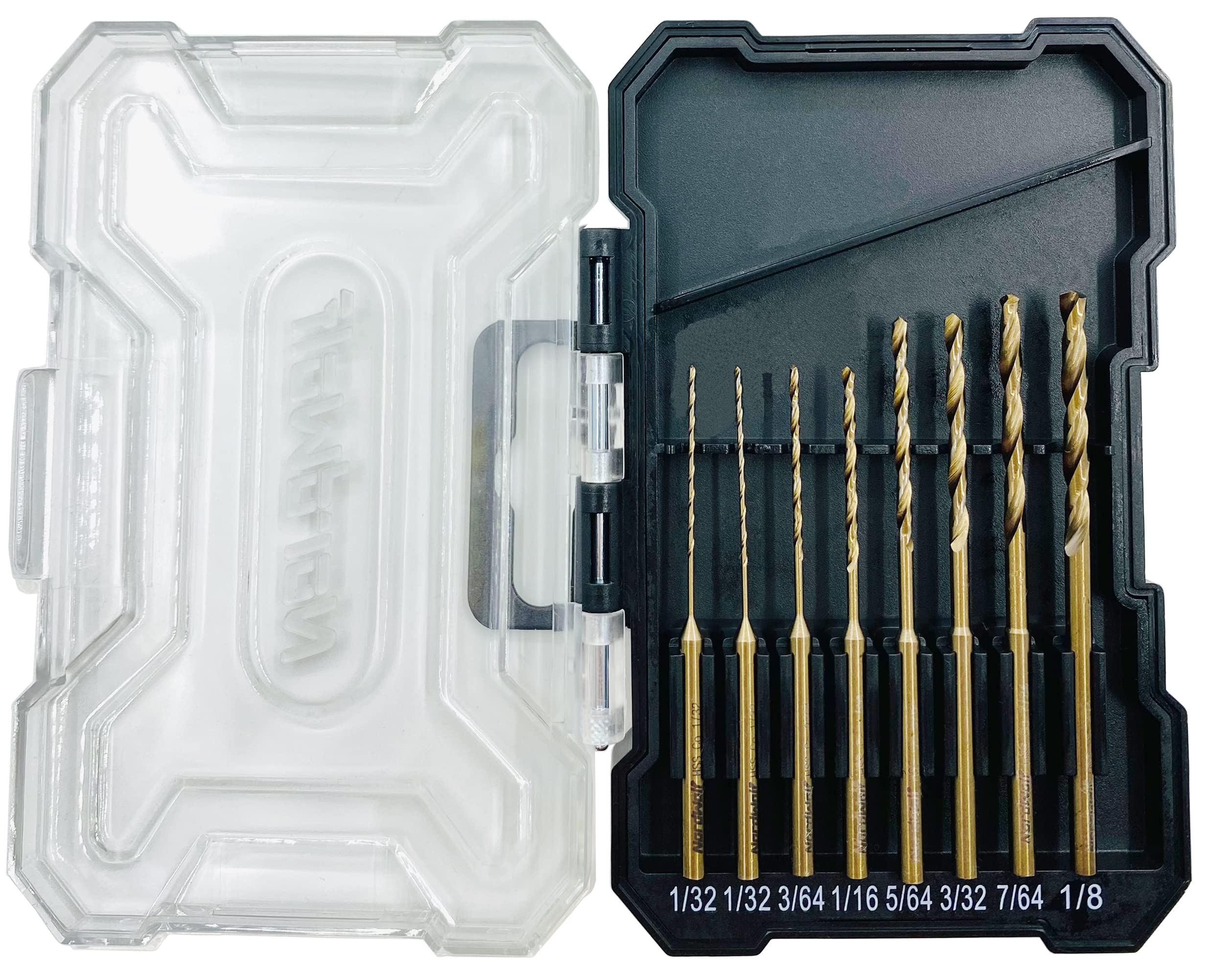 NordWolf 8-Piece M35 Cobalt Multi-Purpose Drill Bit Set, with 1/8" Straight Round Shank for Rotary Tools, SAE Sizes 1/32"(x2)-3/64"-1/16"-5/64"-3/32"-7/64"-1/8" in Storage Case