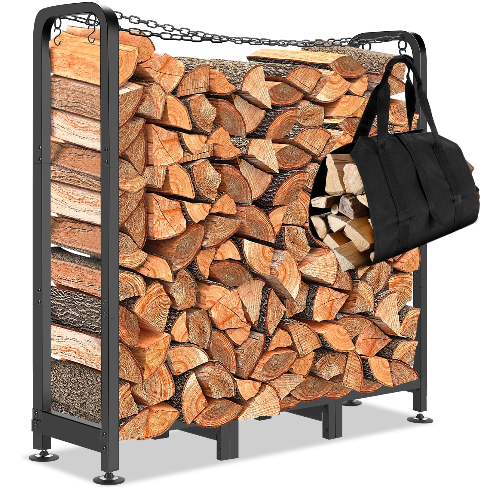 Homdox 4 FT Firewood Rack Indoor Outdoor Adjustable Wood Log Holder Fireplace (Including Log Carrier)