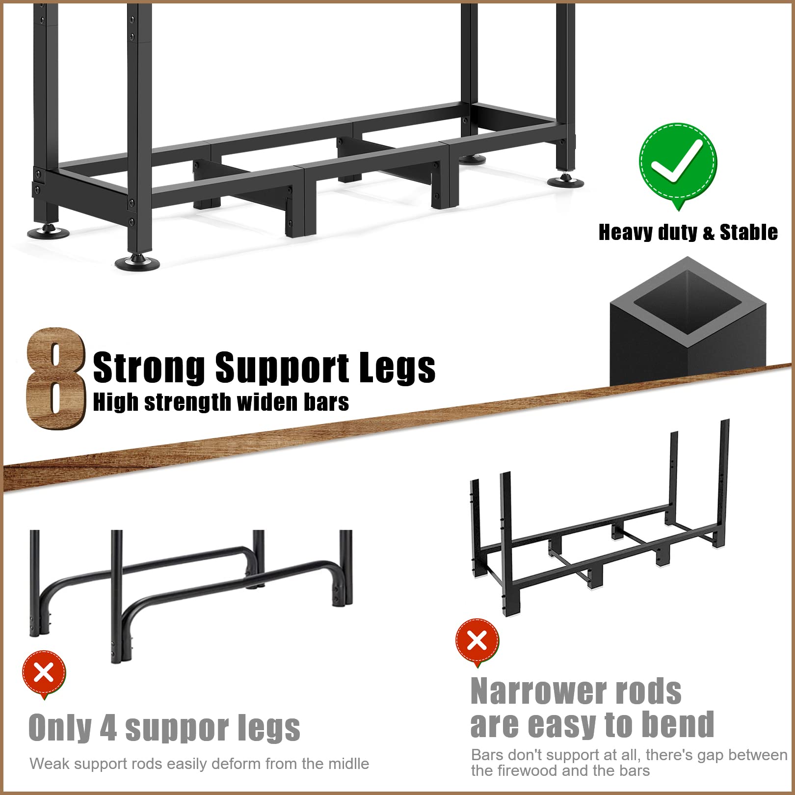 Homdox 4 FT Firewood Rack Indoor Outdoor Adjustable Wood Log Holder Fireplace (Including Log Carrier)