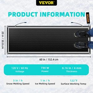 VEVOR Snow Melting Mat 2023 New, 20 x 60 inch, 3 in/h Melting Speed, Heated Outdoor Mats for Winter Walkway, No-Slip Rubber w/Plug, Power Cord, Outlet Timer, Reflective Strip, Velcro, Ground Stake