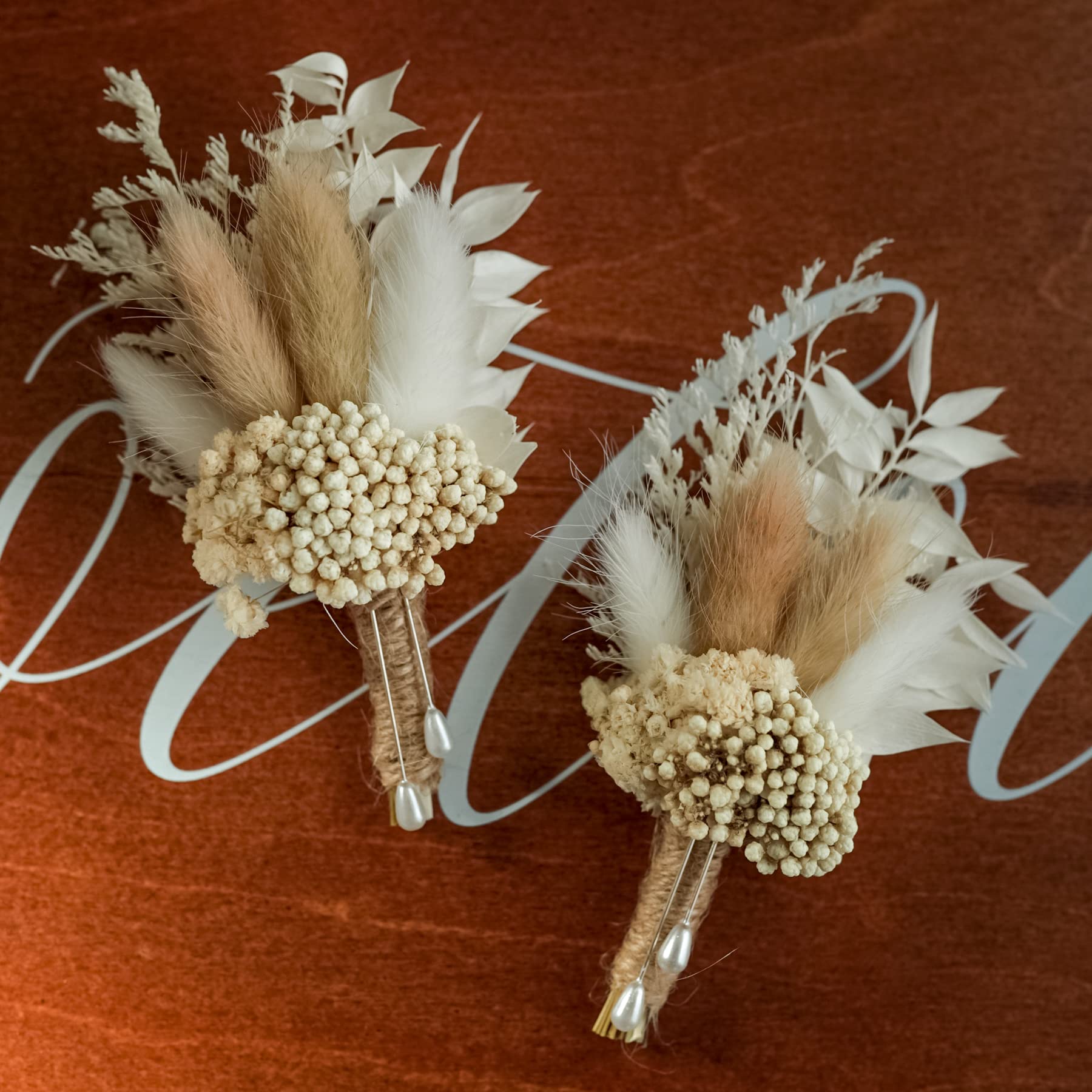 Dried Flowers Boutonnieres Set of 2 for Men Boho Fall Wedding Grooms Buttonhole Rustic Best Man Pampas Grass Dry Flower Decoration (Beige)