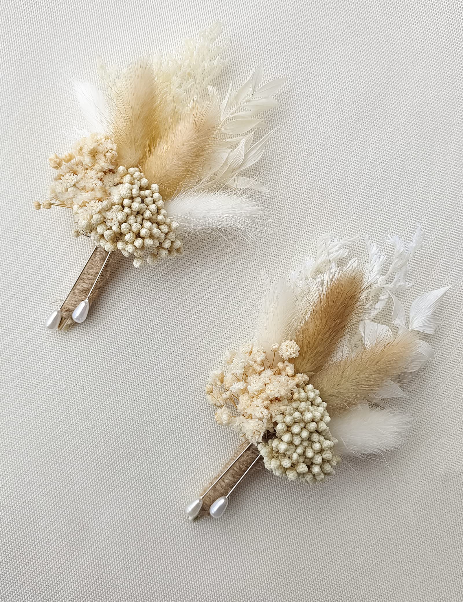 Dried Flowers Boutonnieres Set of 2 for Men Boho Fall Wedding Grooms Buttonhole Rustic Best Man Pampas Grass Dry Flower Decoration (Beige)