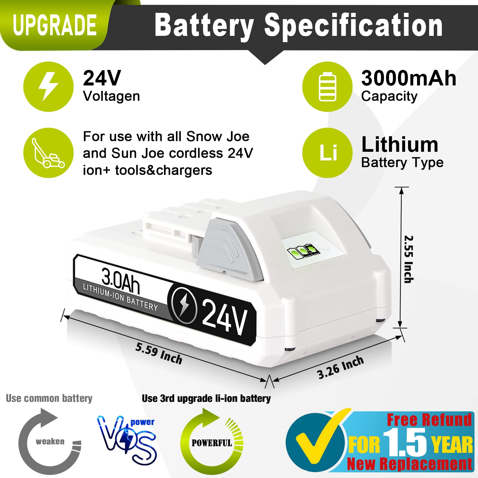 TenHutt 【Upgrade】 24V 3.0Ah Replacement Battery for Snow Joe, Sun Joe, Power Joe, Aqua Joe 24V iON+ Tools 24BAT-LTX 24VBAT-LTW 24VBAT-LTE 24VBAT-LT 24VBAT 24VBAT-XR Lithium Ion Power Tool Battery