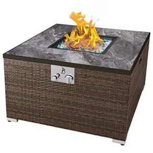 aj enjoy 32'' propane fire pit table, marble textured ceramic tabletop, 50,000 btu fire table with brown wicker, mix color glass rocks, including lid&cover, square, tank required to be kept outside