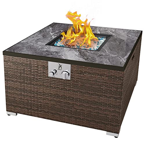 AJ Enjoy 32'' Propane Fire Pit Table, Marble Textured Ceramic Tabletop, 50,000 BTU Fire Table with Brown Wicker, Mix Color Glass Rocks, Including Lid&Cover, Square, Tank Required to Be Kept Outside