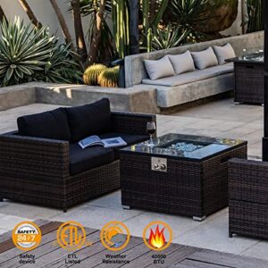 AJ Enjoy 32'' Propane Fire Pit Table, Marble Textured Ceramic Tabletop, 50,000 BTU Fire Table with Brown Wicker, Mix Color Glass Rocks, Including Lid&Cover, Square, Tank Required to Be Kept Outside