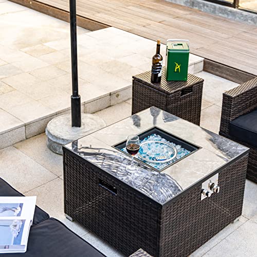 AJ Enjoy 32'' Propane Fire Pit Table, Marble Textured Ceramic Tabletop, 50,000 BTU Fire Table with Brown Wicker, Mix Color Glass Rocks, Including Lid&Cover, Square, Tank Required to Be Kept Outside