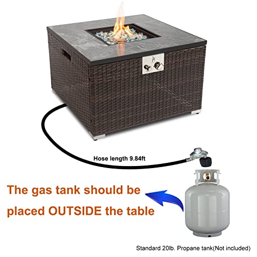 AJ Enjoy 32'' Propane Fire Pit Table, Marble Textured Ceramic Tabletop, 50,000 BTU Fire Table with Brown Wicker, Mix Color Glass Rocks, Including Lid&Cover, Square, Tank Required to Be Kept Outside