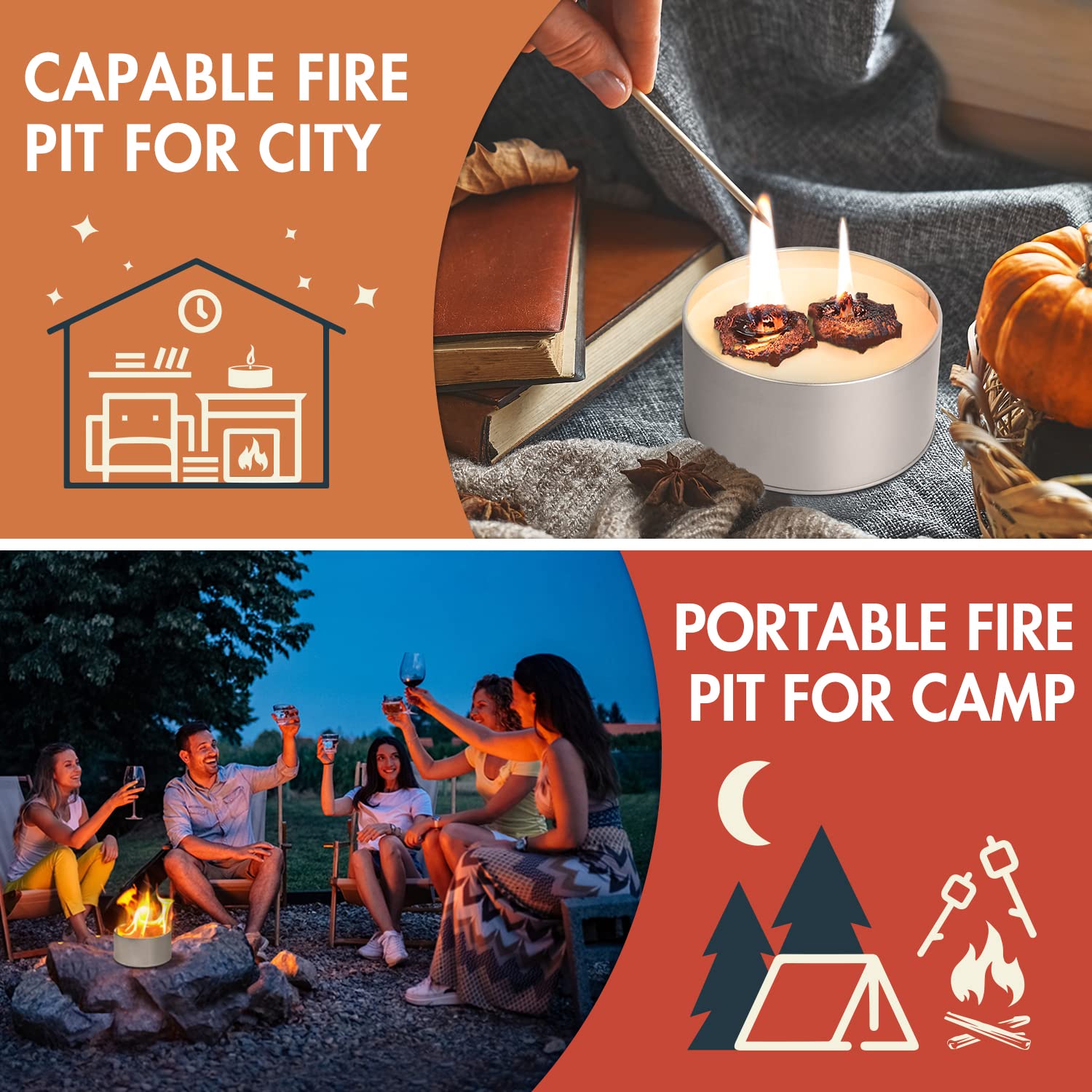 MCleanPin Tabletop Fire Pit for S’Mores,Portable Campfire in A Can,Camping Candles,Mini,Emergcy Heater for Outdoor,3-5 Hours Bonfire Burn Time,No Wood No Embers for Camping Food and Home Indoor