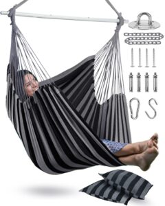 xxl hammock chair hanging rope swing with 2 cushions - max 500lbs-perfect for patio, porch, bedroom, backyard, indoor or outdoor - includes hanging hardware kits