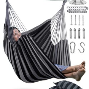 XXL Hammock Chair Hanging Rope Swing with 2 Cushions - Max 500lbs-Perfect for Patio, Porch, Bedroom, Backyard, Indoor or Outdoor - Includes Hanging Hardware Kits