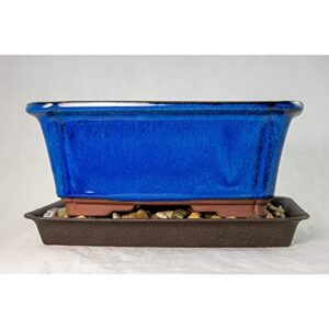 1 pcs 8.25" rectangular dark blue bonsai / succulent pot + tray + rock + mesh combo